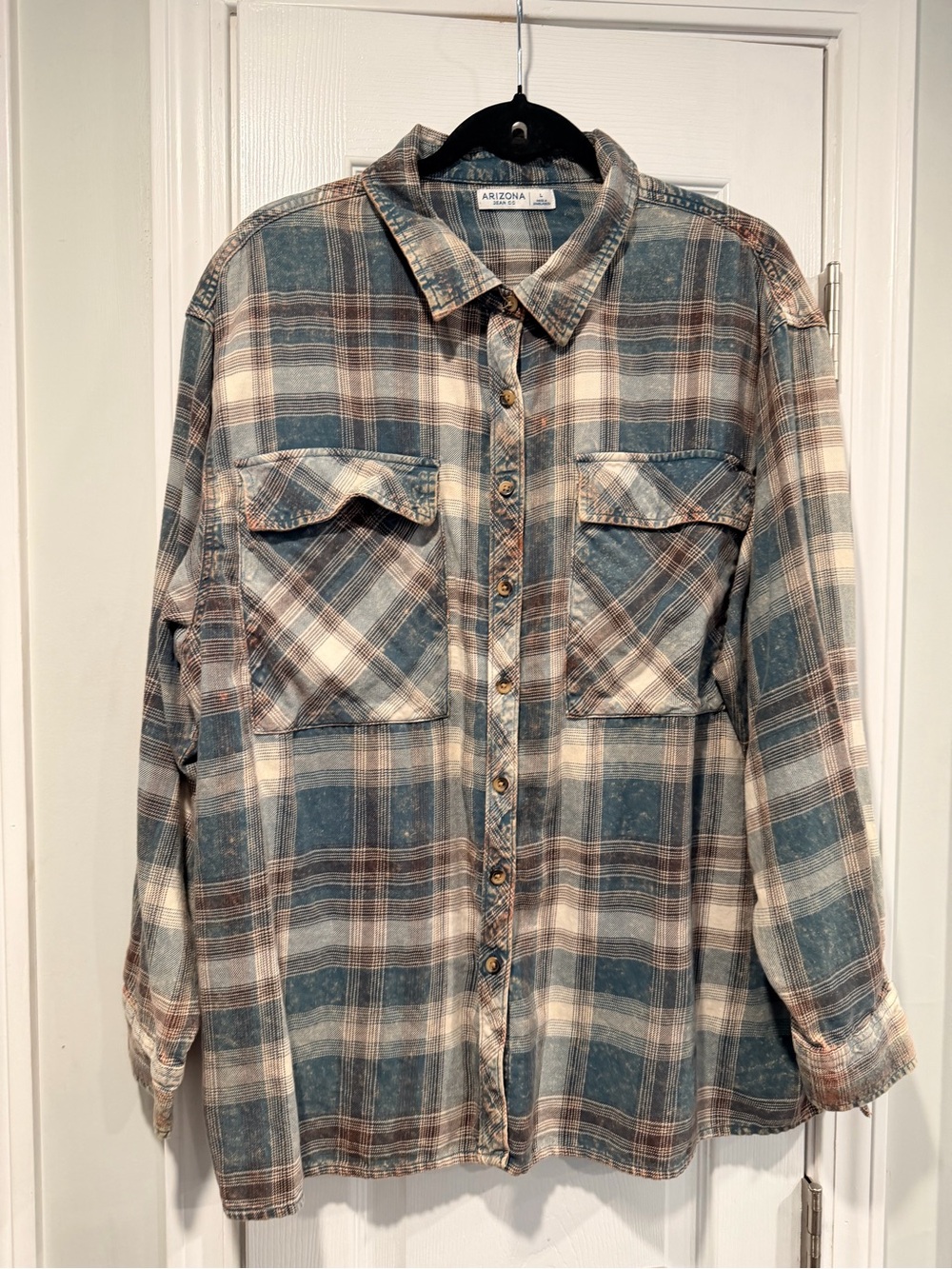 Arizona Jean Co Size L Plaid Acid Wash Flannel Shirt Oversized Grunge Shacket